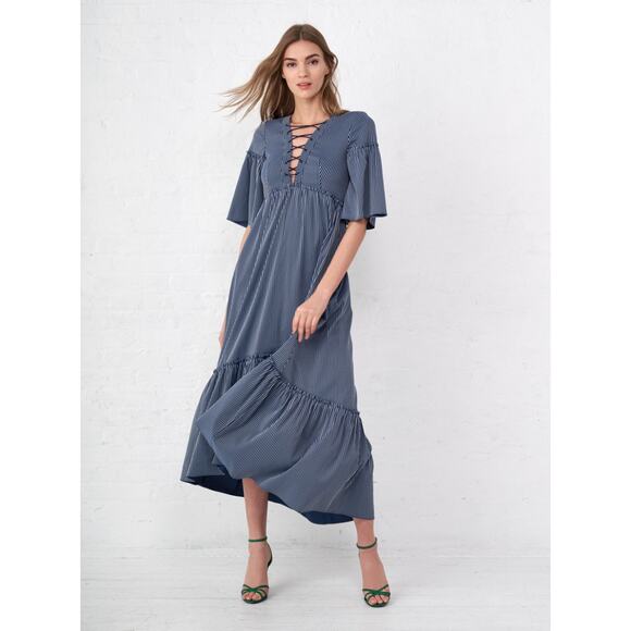 LA LIGNE La Boheme Dress Striped Lace Up Maxi Navy Blue Size XS Tiered Flouncy